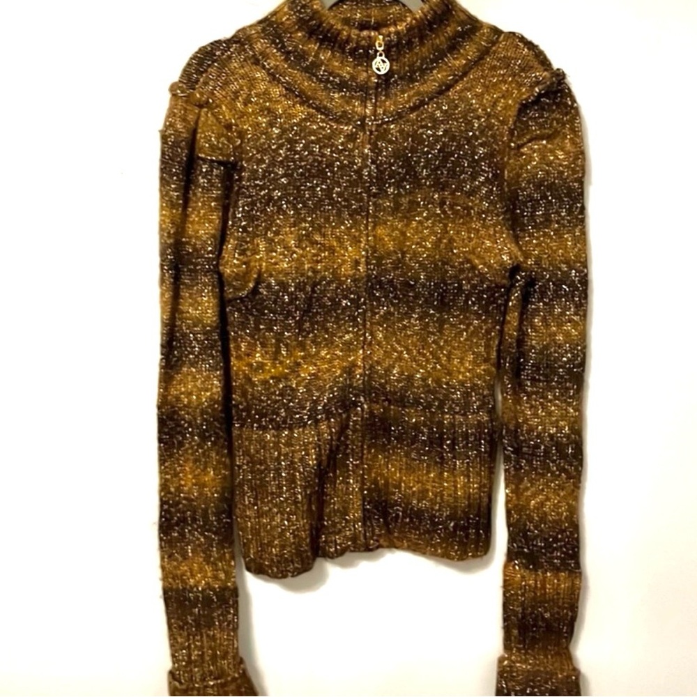ADIRENNE VITTADINI SWEATER ZIP FRONT CARDIGAN BROWNS GOLD THREAD WOOL NYLON
